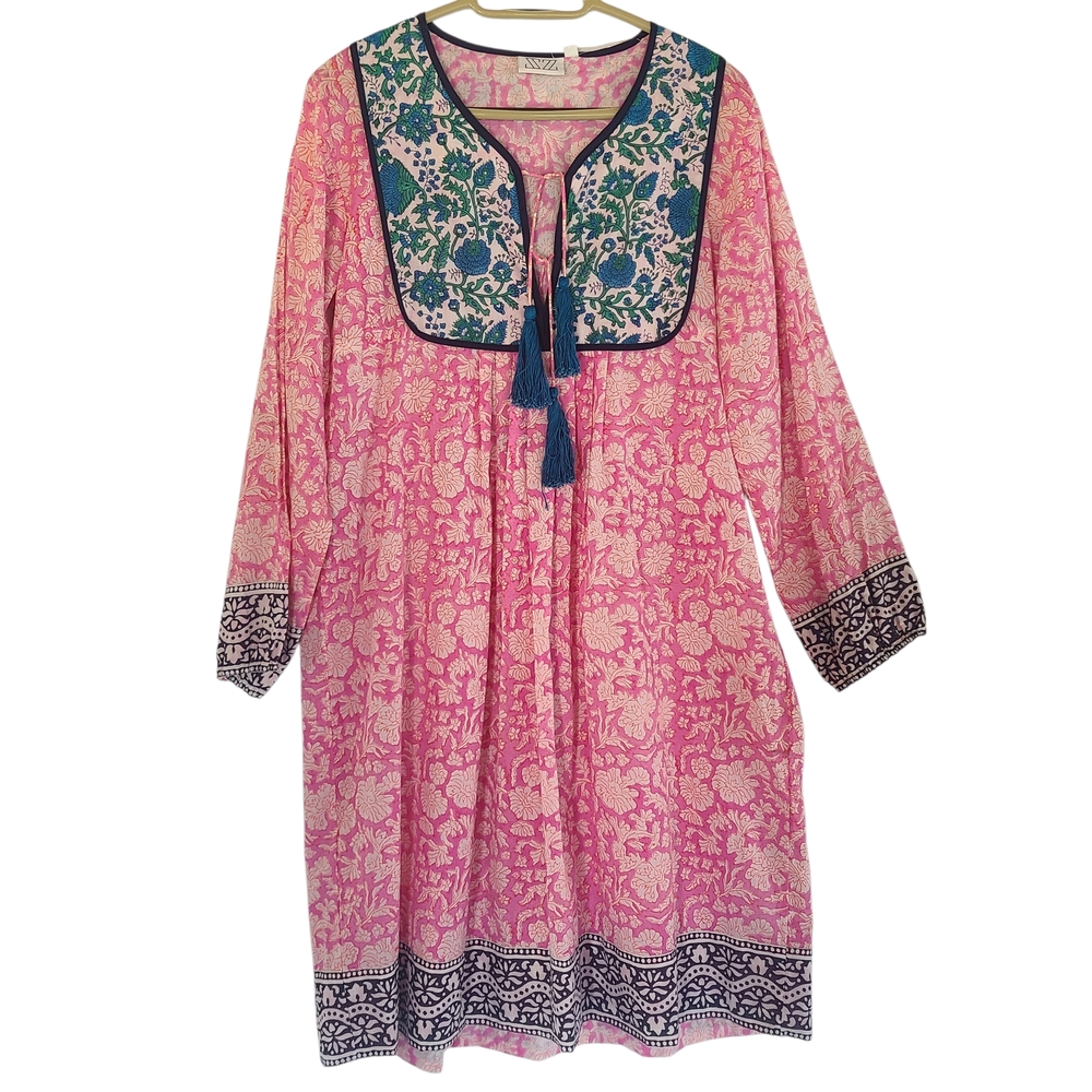 ​SZ Blockprints x J.Crew Kitty Dress in Pink Blue Floral Block Print - Picture 2 of 12